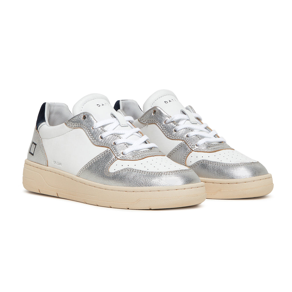 D.A.T.E Court Laminated White Silver Sneakers