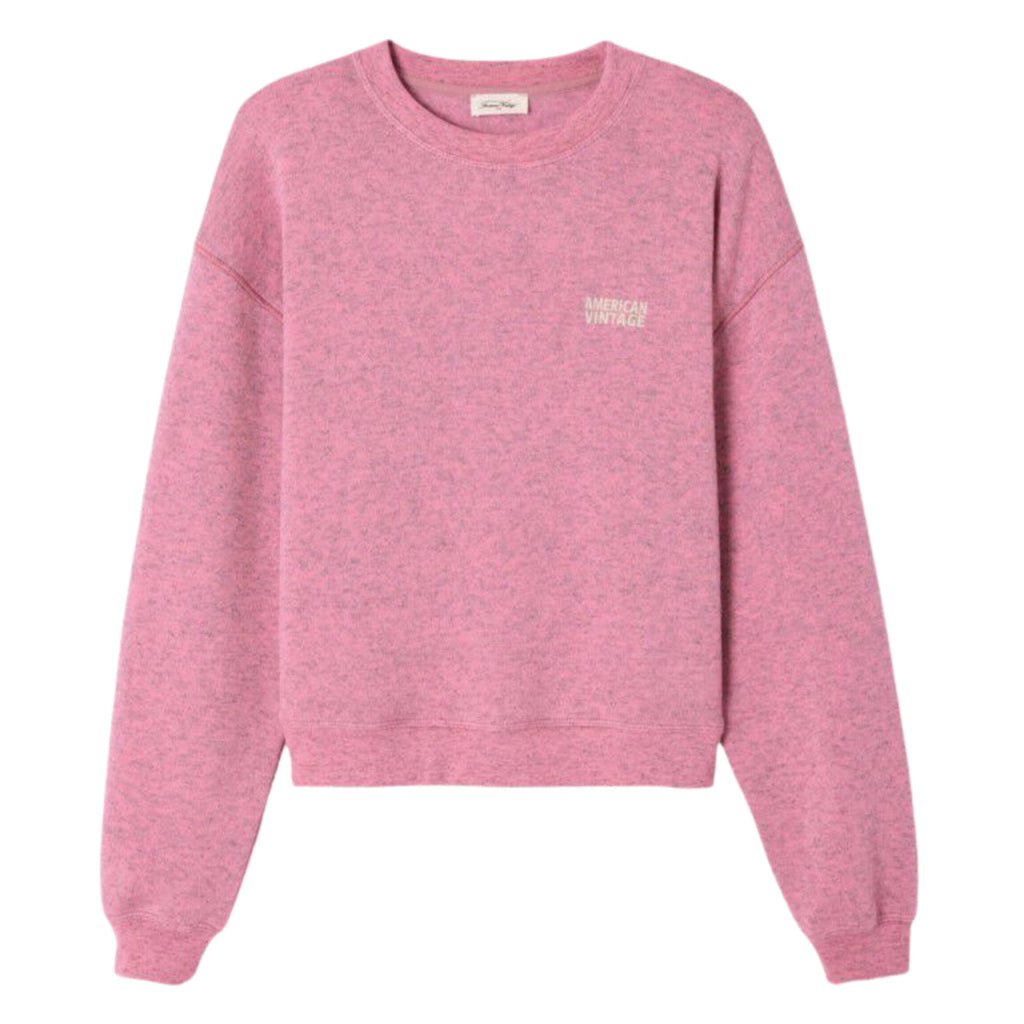 Pink sweatshirt in puffball cut with long sleeves, round neck, dropped shoulders, ribbed edging and fine fleece-style cuddly material.
American Vintage Heathered Candy Evona Sweatshirt - Jo And Co American Vintage Heathered Candy Evona Sweatshirt - American Vintage