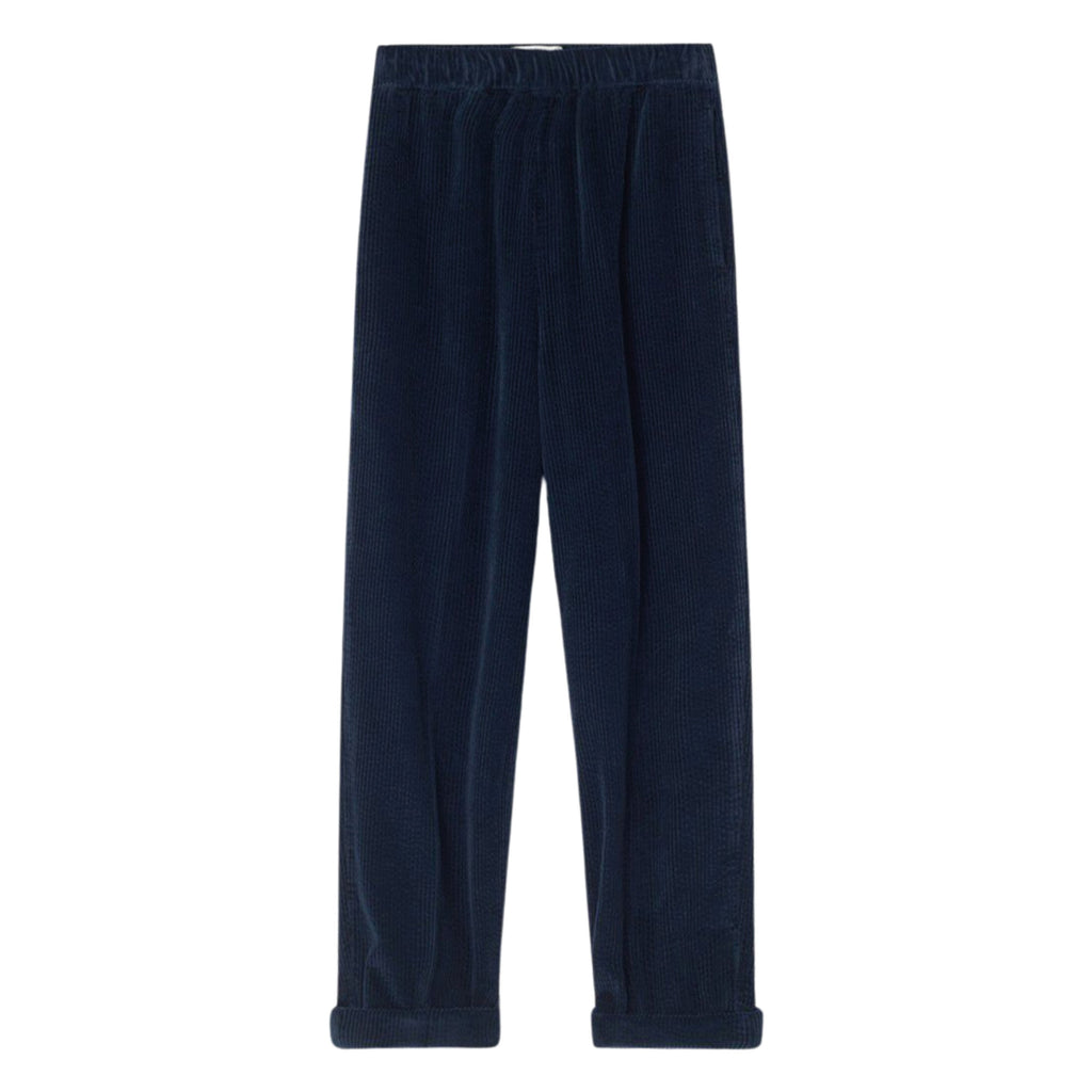 American Vintage Navy Padow Trousers made from 100% cotton navy corduroy with a relaxed fit and elastic waistband