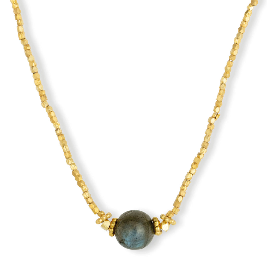 Gold choker necklace with labradorite sphere gemstone and tiny gold faceted beads.
Ashiana London Bluebell Labradorite Choker Necklace - Jo And Co Ashiana London Bluebell Labradorite Choker Necklace - Ashiana London