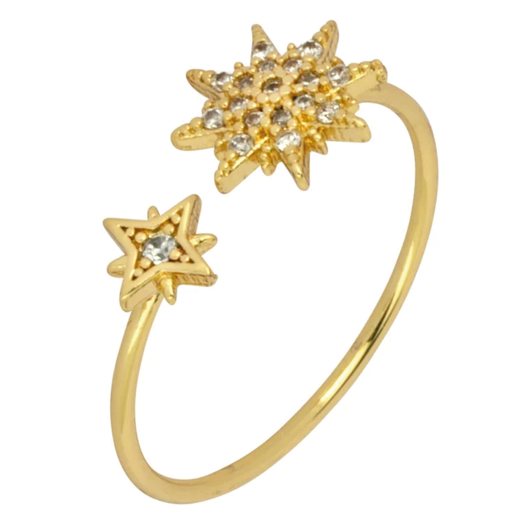 Gold adjustable open-end ring with two sparkling stars.
Ashiana London Brie Star Ring - Jo And Co Ashiana London Brie Star Ring - Ashiana London