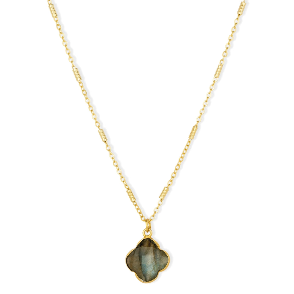 Necklace with a clover-shaped pendant in Labradorite on 22ct gold chain.
Ashiana London Clover Labradorite Necklace - Jo And Co Ashiana London Clover Labradorite Necklace - Ashiana London