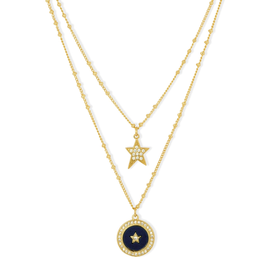 Two-line necklace with a crystal-encrusted gold star and navy enamel coin with star motif.
Ashiana London Nebula Necklace - Jo And Co Ashiana London Nebula Necklace - Ashiana London