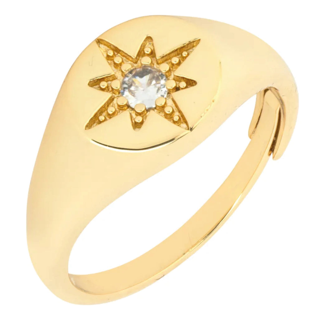 Gold star crystal sygnet ring.
Ashiana London Nina Gold Star Crystal Adjustable Signet Ring - Jo And Co Ashiana London Nina Gold Star Crystal Adjustable Signet Ring - Ashiana London