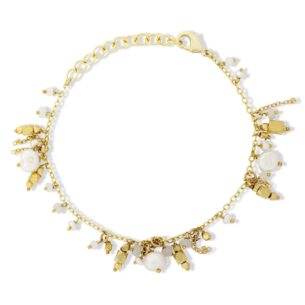 Ashiana London Olive White Bracelet with white moonstone, freshwater pearls, and 22k gold plated beads on delicate chain