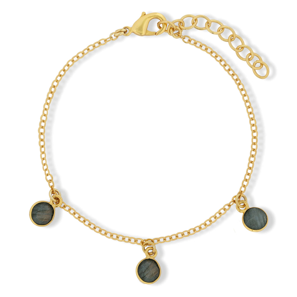 Gold bracelet with set Labradorite gemstone charms.
Ashiana London Orla Charm Labradorite Bracelet - Jo And Co Ashiana London Orla Charm Labradorite Bracelet - Ashiana London
