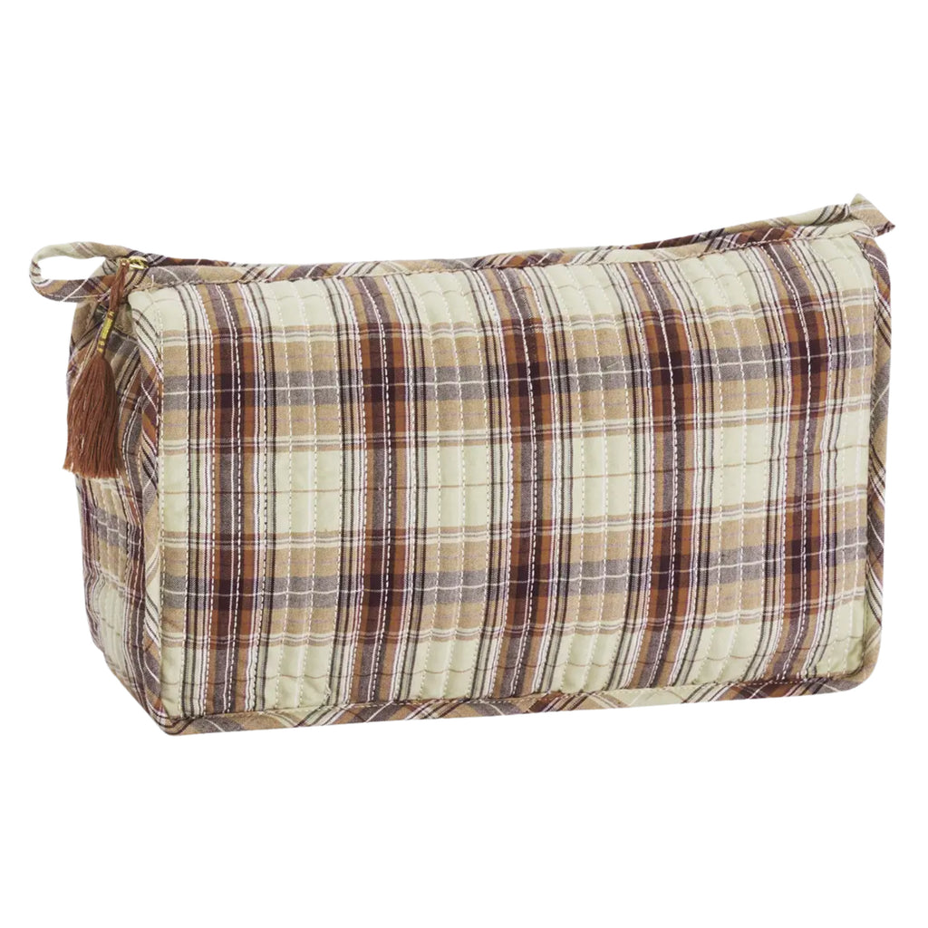 Beige Quilted Washbag with brown and beige check pattern and handmade tassel.
Beige Quilted Washbag - Jo And Co Beige Quilted Washbag