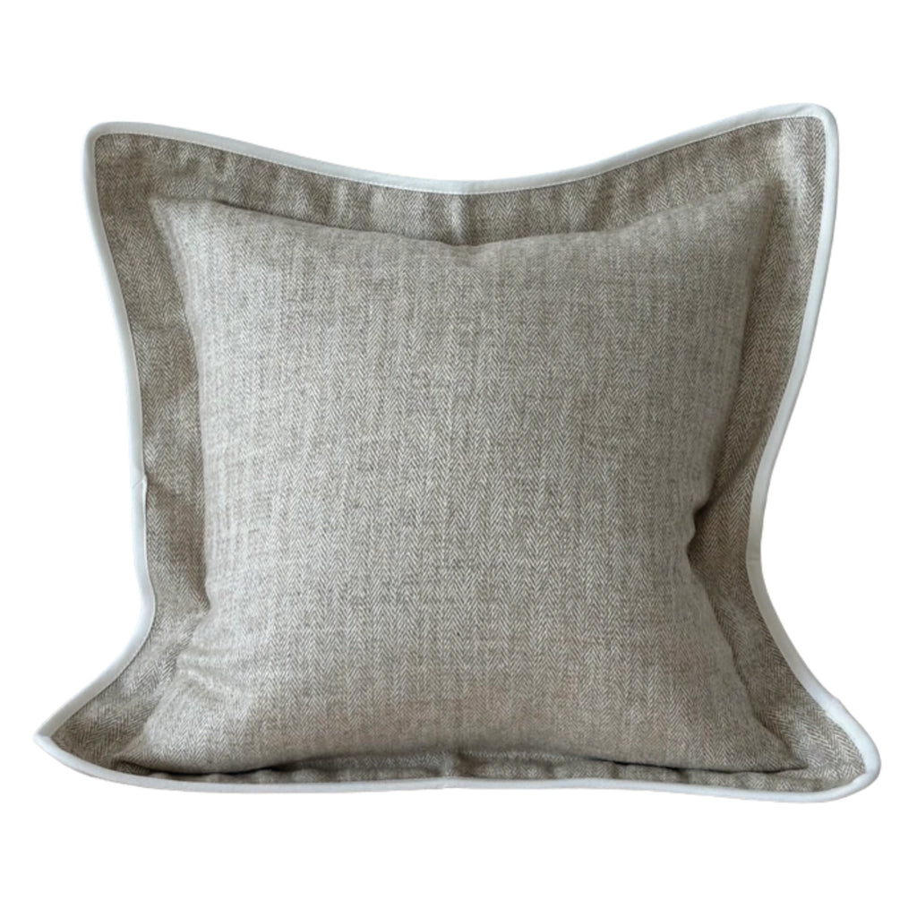 Beige herringbone cushion with white trim.
Beige Herringbone Tia Cushion - Jo And Co Beige Herringbone Tia Cushion