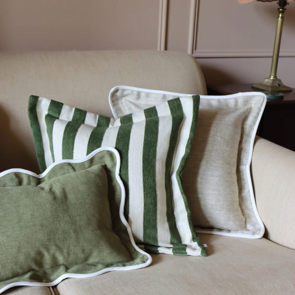 Beige herringbone cushion with white trim.
Beige Herringbone Tia Cushion - Jo And Co Beige Herringbone Tia Cushion