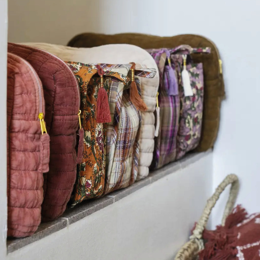 Beige Quilted Washbag with brown and beige check pattern and handmade tassel.
Beige Quilted Washbag - Jo And Co Beige Quilted Washbag