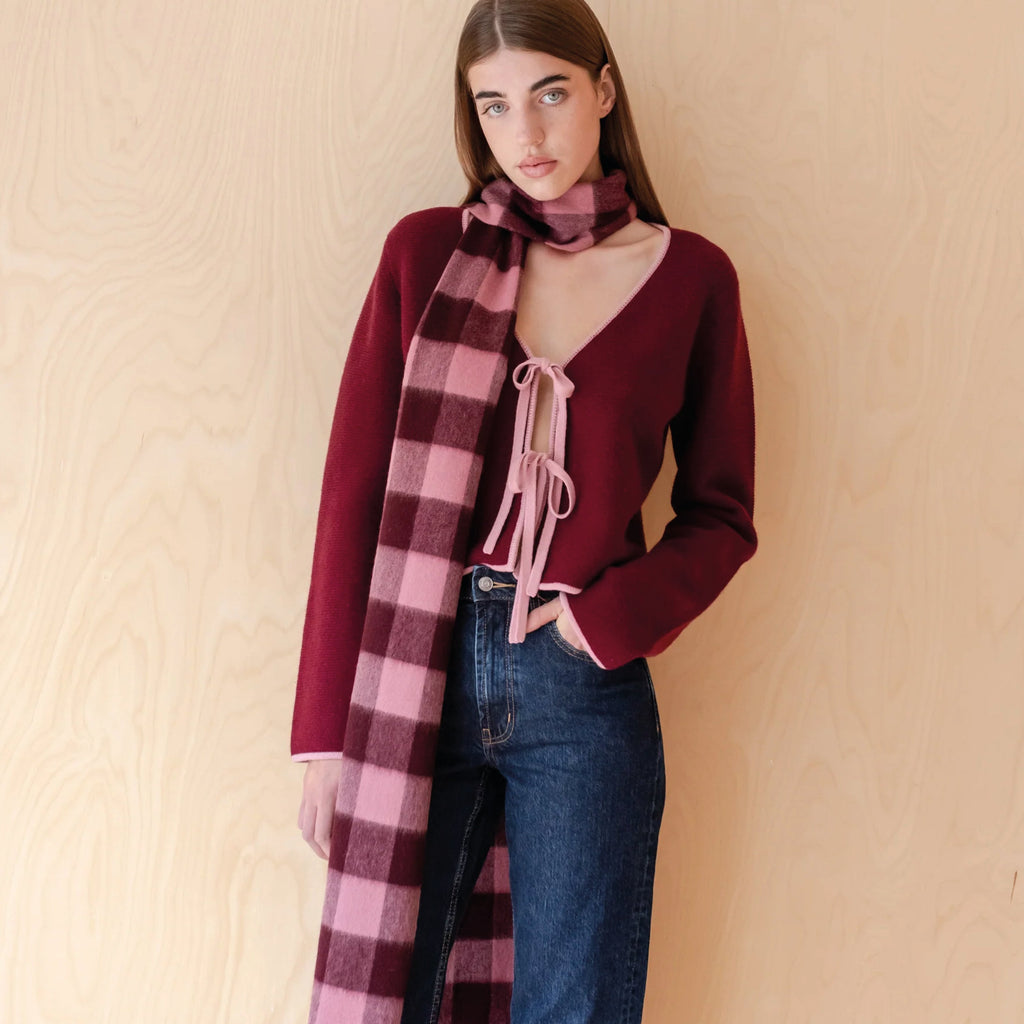 Berry Gingham Lambswool Skinny Scarf - Jo And Co Berry Gingham Lambswool Skinny Scarf