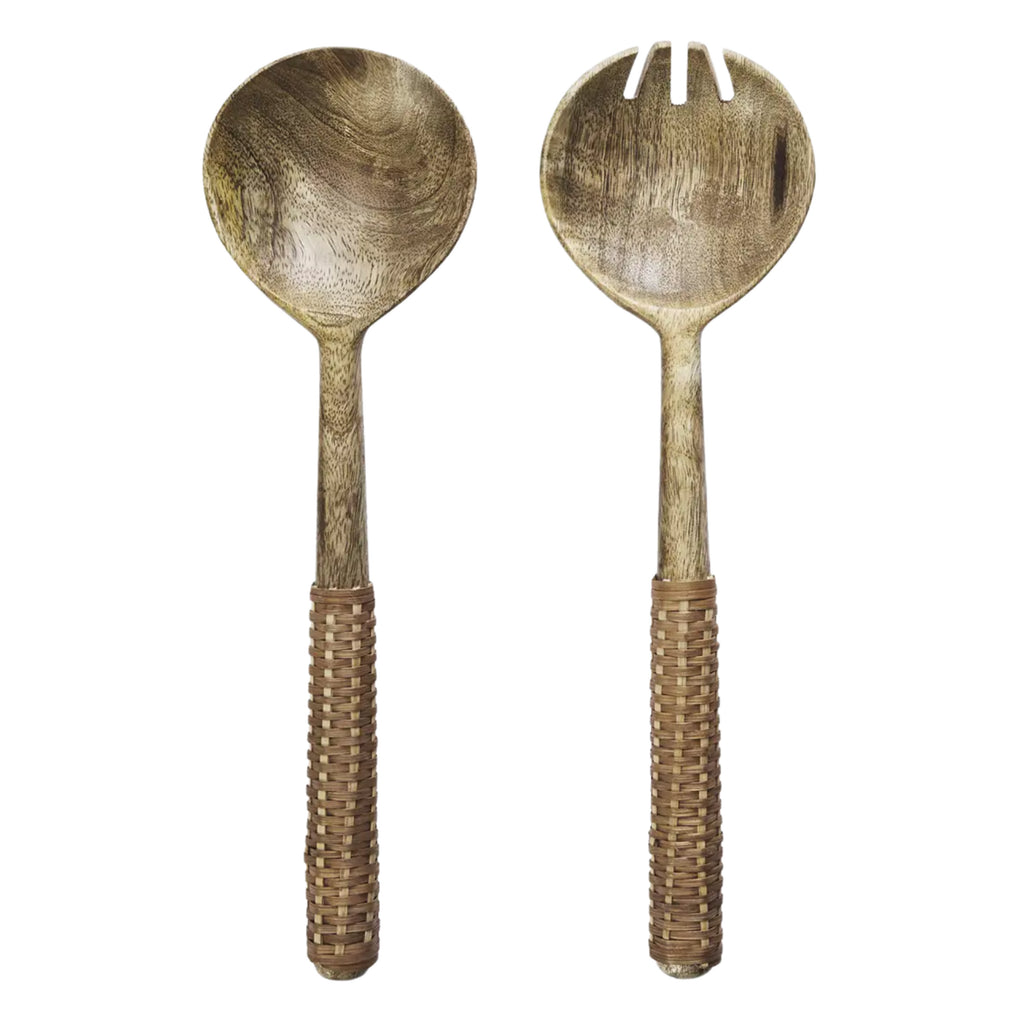 Wooden salad servers with brown braided handles.
Brown Bamboo Wooden Salad Set - Jo And Co Brown Bamboo Wooden Salad Set