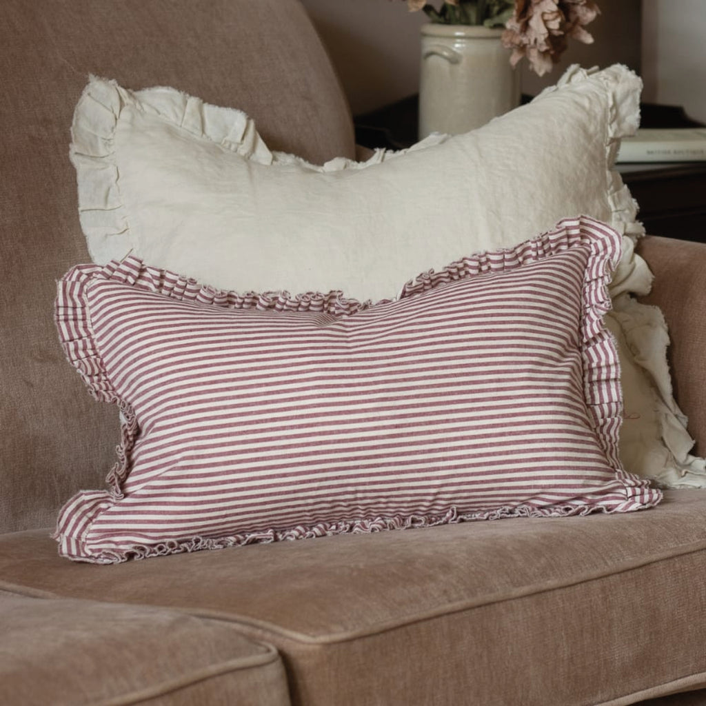 Striped cotton cushion with ruffled edges.
Burgundy Stripe Ruffle Darcy Cushion - Jo And Co Burgundy Stripe Ruffle Darcy Cushion