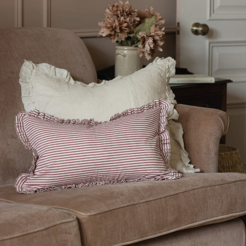 Striped cotton cushion with ruffled edges.
Burgundy Stripe Ruffle Darcy Cushion - Jo And Co Burgundy Stripe Ruffle Darcy Cushion
