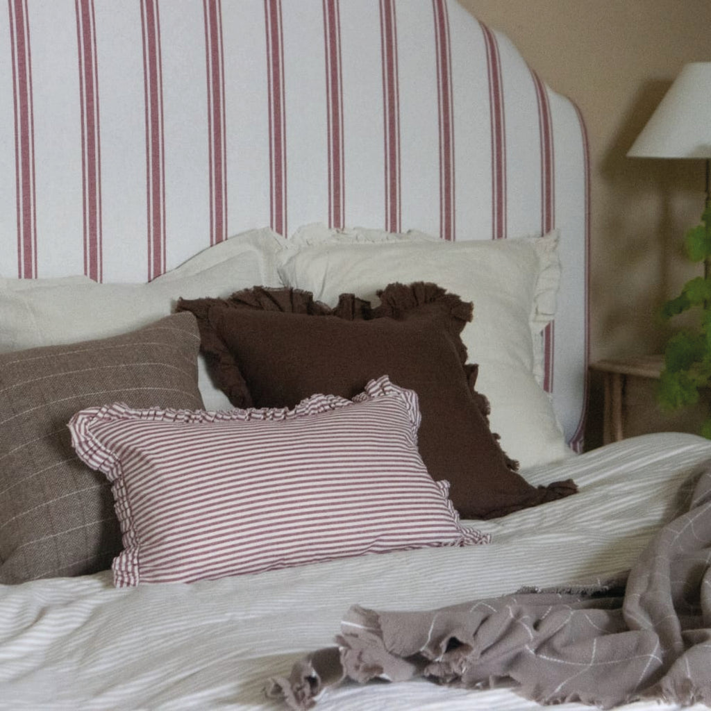 Striped cotton cushion with ruffled edges.
Burgundy Stripe Ruffle Darcy Cushion - Jo And Co Burgundy Stripe Ruffle Darcy Cushion