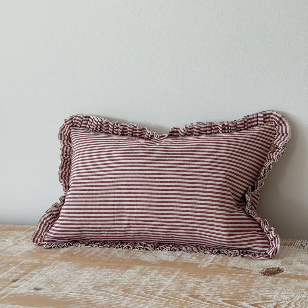 Striped cotton cushion with ruffled edges.
Burgundy Stripe Ruffle Darcy Cushion - Jo And Co Burgundy Stripe Ruffle Darcy Cushion