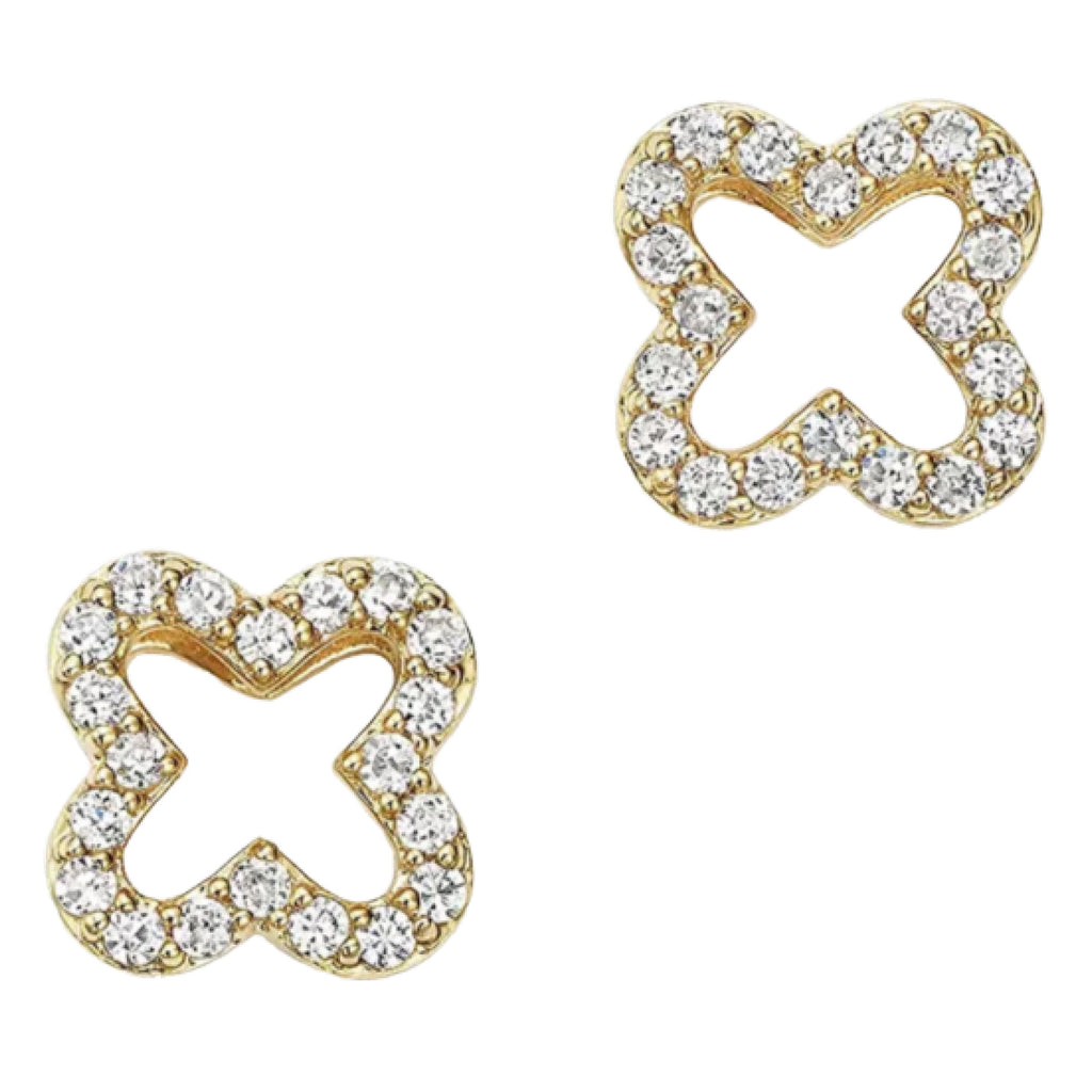 Gold clover-shaped earrings with clear gemstones.
Clover Studs - Jo And Co Clover Studs