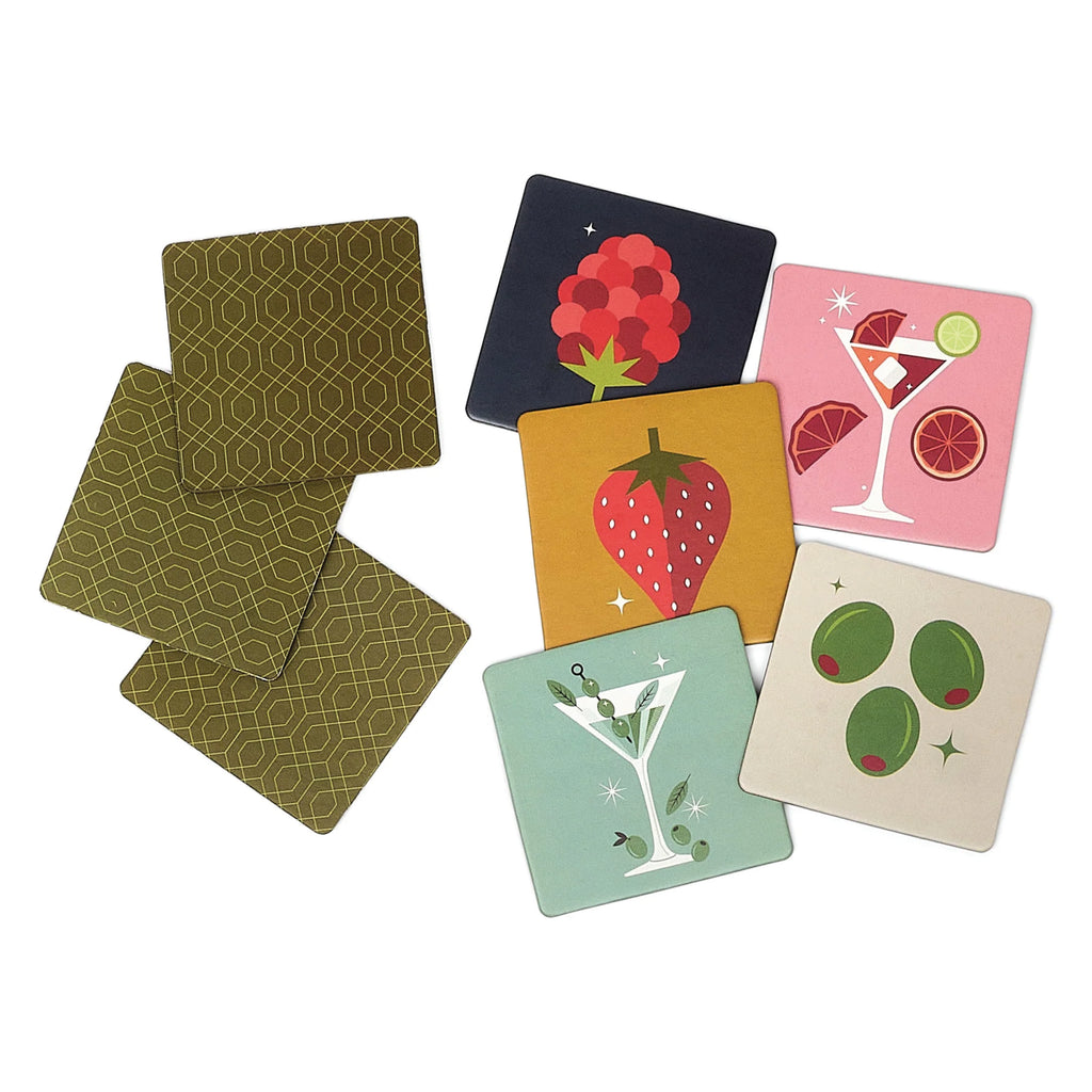 Memory game packaging with cocktail illustration on a green and pink box.
Cocktail Memory Game - Jo And Co Cocktail Memory Game - Designworks Ink