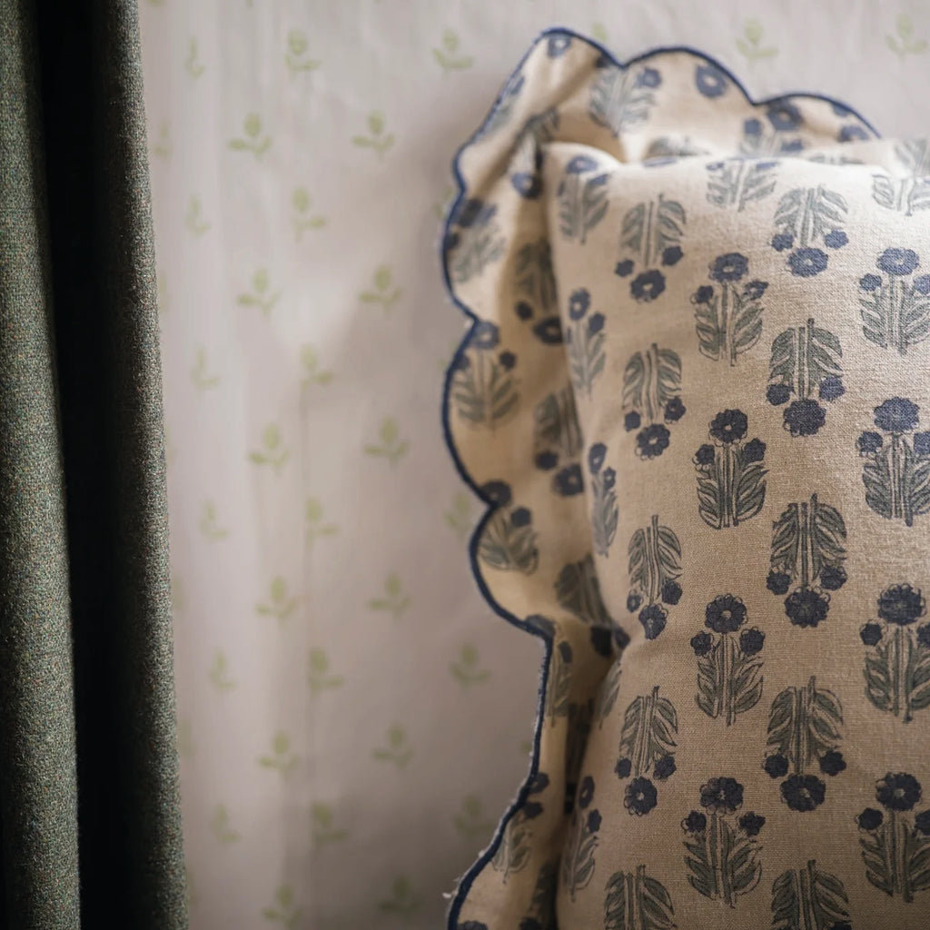 Beige cushion with denim blue block print floral motif pattern and a scalloped edge in denim blue.
Denim Scallop Blockprint Cushion - Jo And Co Denim Scallop Blockprint Cushion