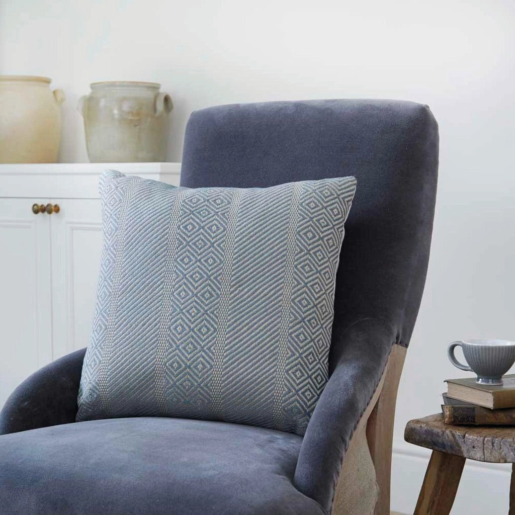 Duck egg blue cushion with geometric pattern.
Duck Egg Minerva Cushion - Jo And Co Duck Egg Minerva Cushion