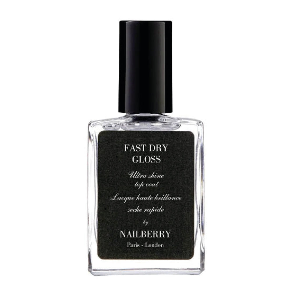 Nailberry Fast Dry Gloss Top Coat clear bottle with black cap for a quick-drying, high-gloss vegan nail finish
