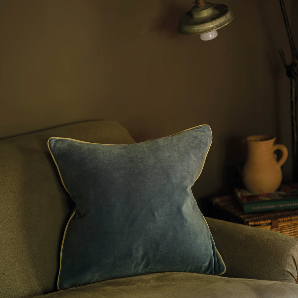Fjord Blue Indian Cotton Velvet Cushion - Jo And Co Fjord Blue Indian Cotton Velvet Cushion