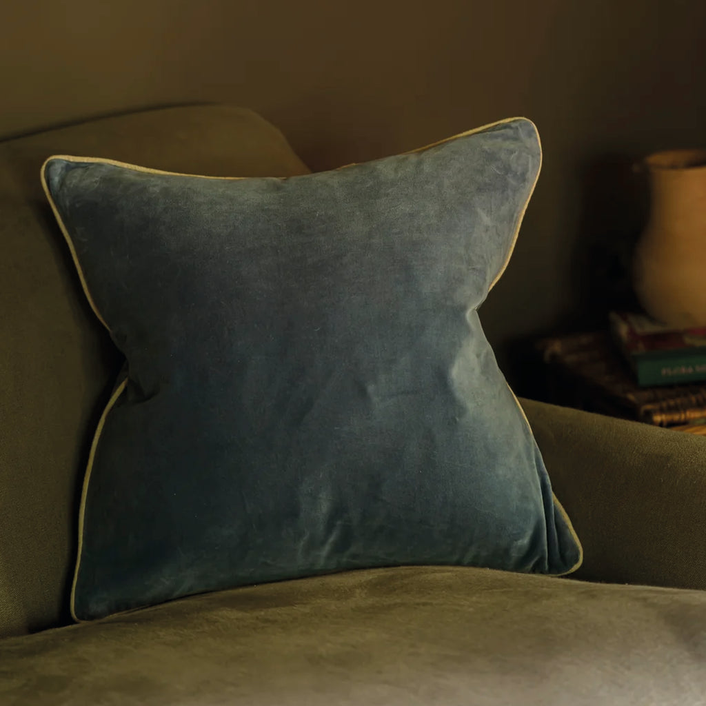 Fjord Blue Indian Cotton Velvet Cushion - Jo And Co Fjord Blue Indian Cotton Velvet Cushion