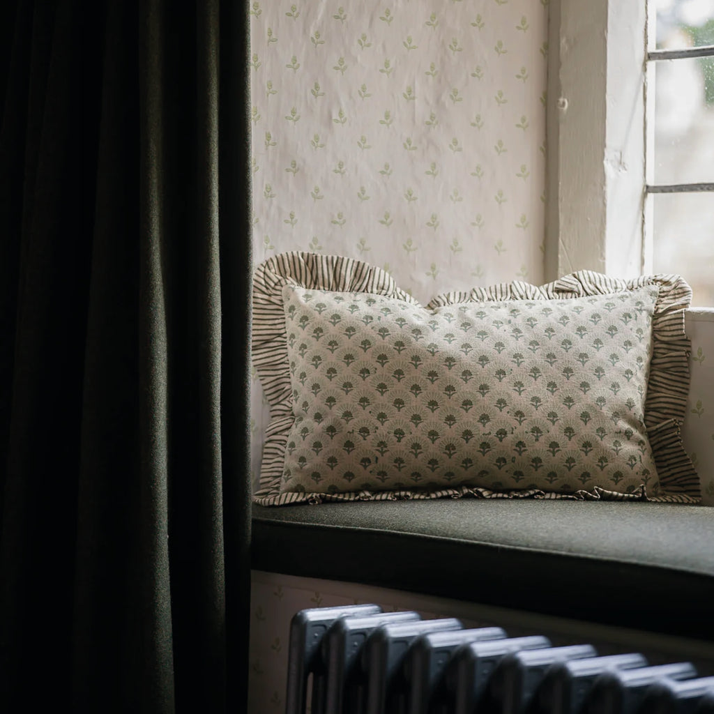 Cushion with forest green block printing with a classic floral design and complimentary striped trim.
Forest Fanflower Blockprint Cushion - Jo And Co Forest Fanflower Blockprint Cushion