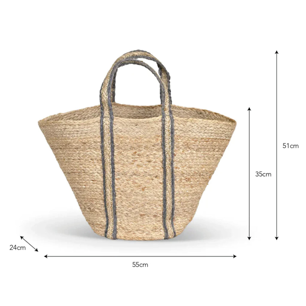 Handwoven basket in natural jute with cove blue edging on handles.
Foxcroft Jute Cove Blue Market Bag - Jo And Co Foxcroft Jute Cove Blue Market Bag