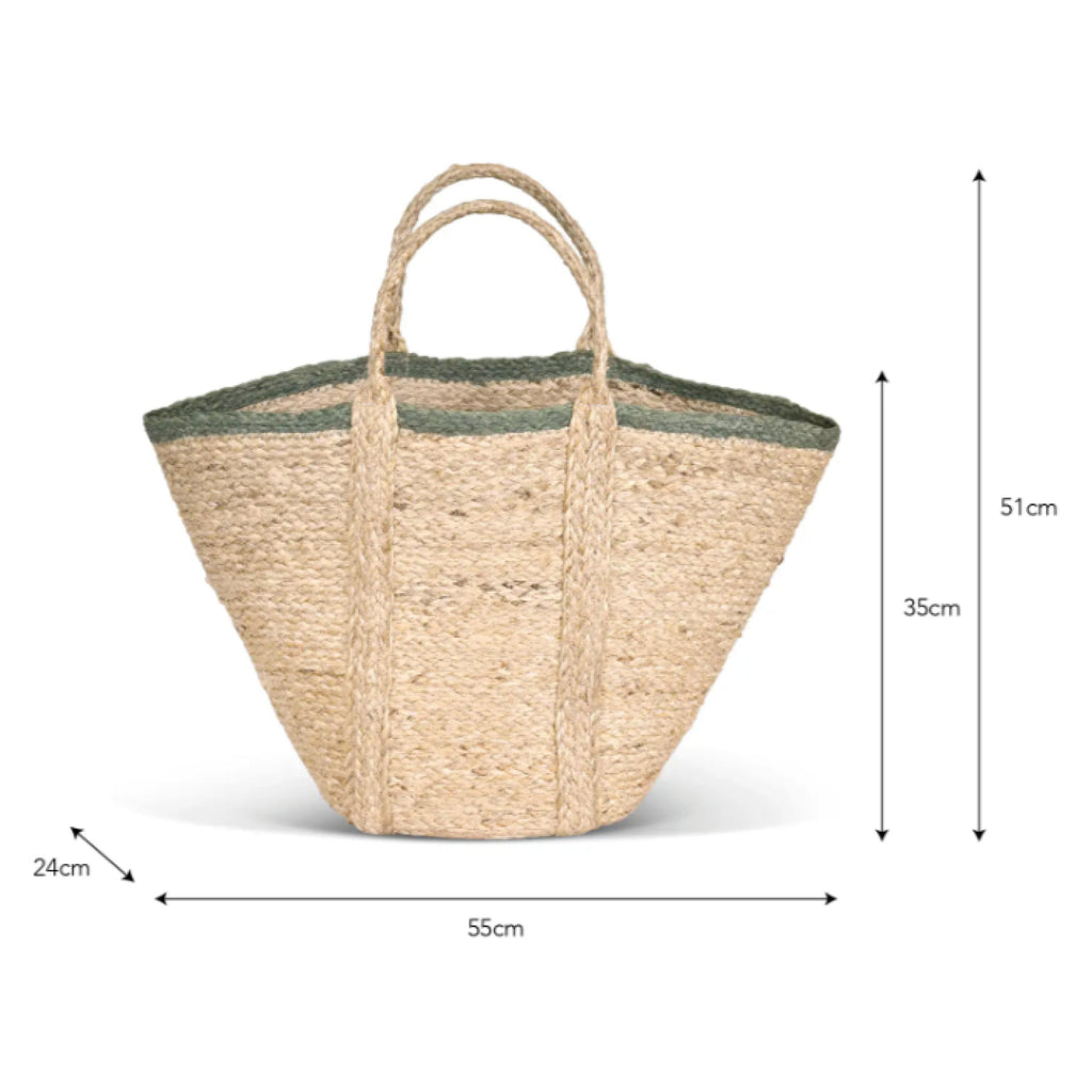 Handwoven basket in natural jute with rosemary green edging on handles.
Foxcroft Jute Rosemary Market Bag - Jo And Co Foxcroft Jute Rosemary Market Bag