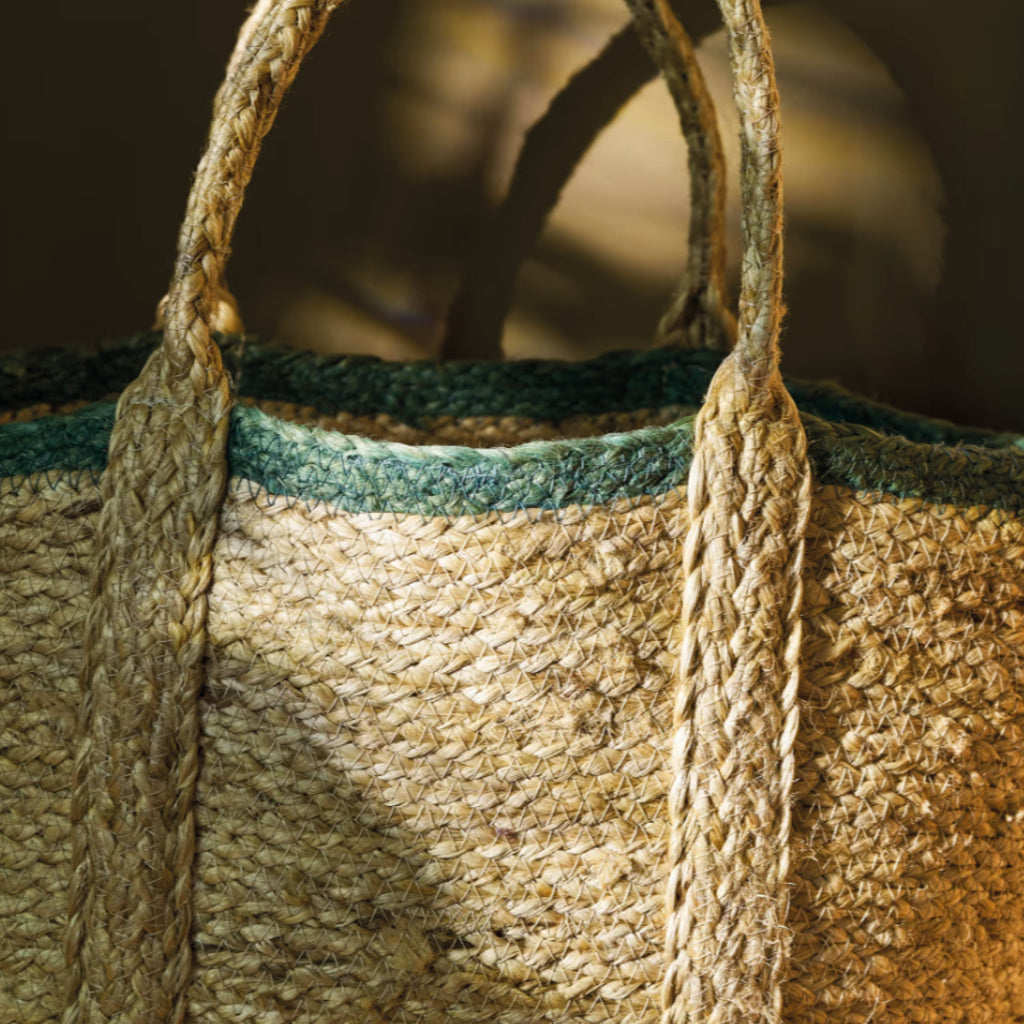 Handwoven basket in natural jute with rosemary green edging on handles.
Foxcroft Jute Rosemary Market Bag - Jo And Co Foxcroft Jute Rosemary Market Bag