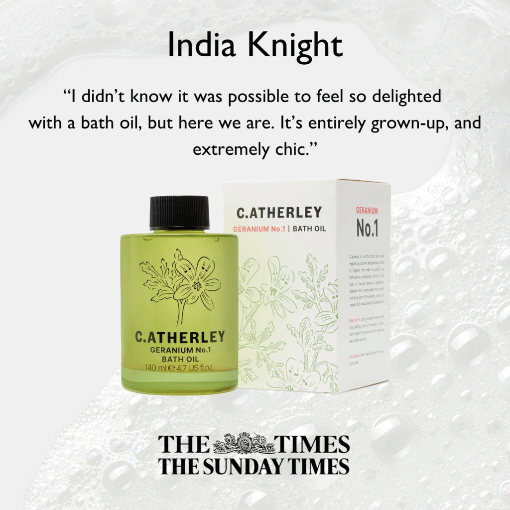 Geranium No.1 Bath Oil 140ml bottle and box with floral design for moisturizing and relaxing bath soak