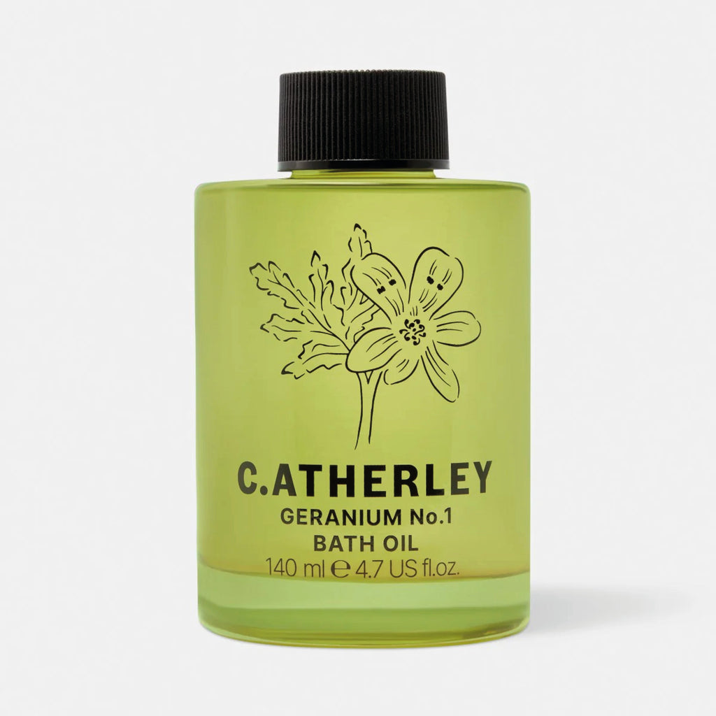 Geranium No.1 Bath Oil 140ml bottle and box with floral design for moisturizing and relaxing bath soak