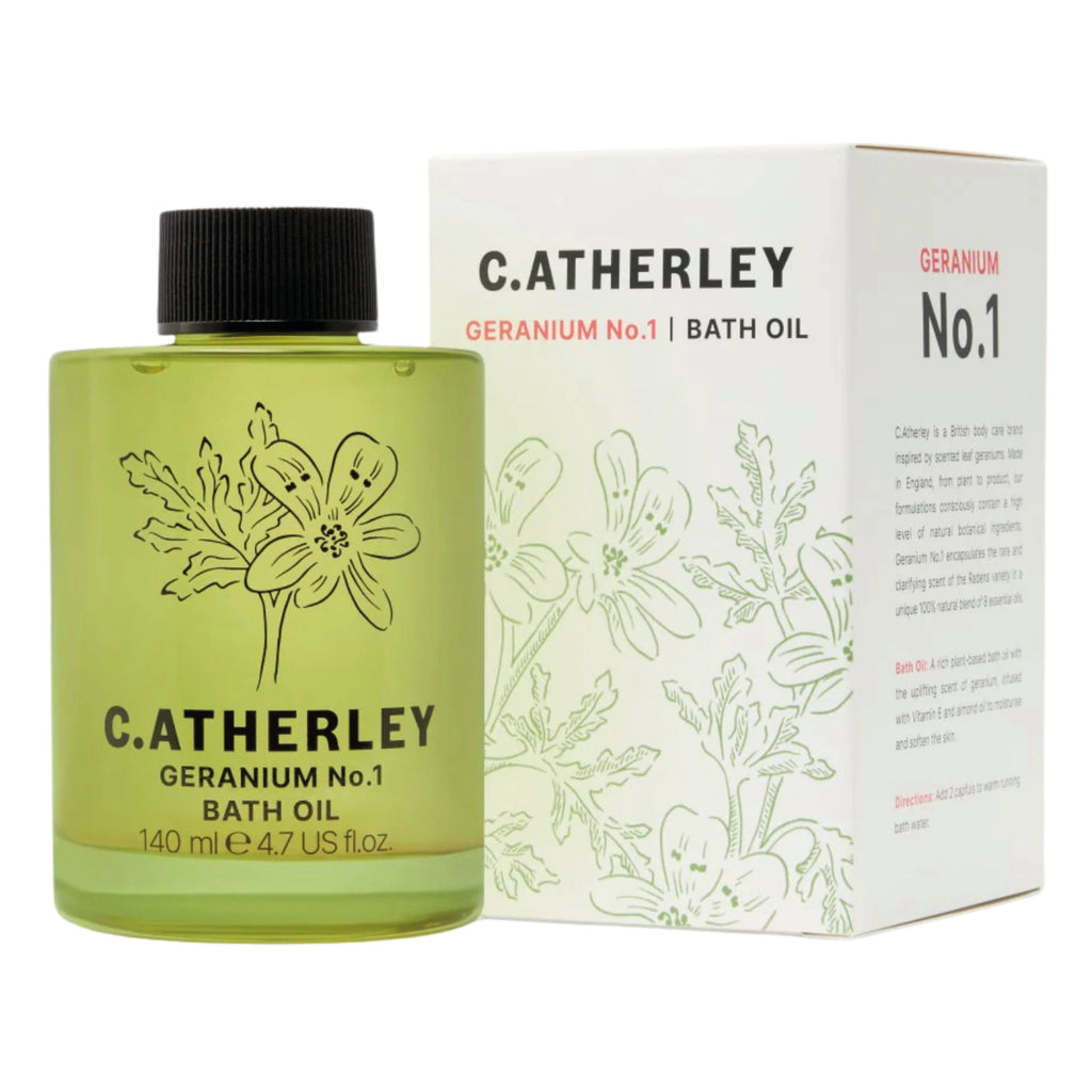 Geranium No.1 Bath Oil 140ml bottle and box with floral design for moisturizing and relaxing bath soak