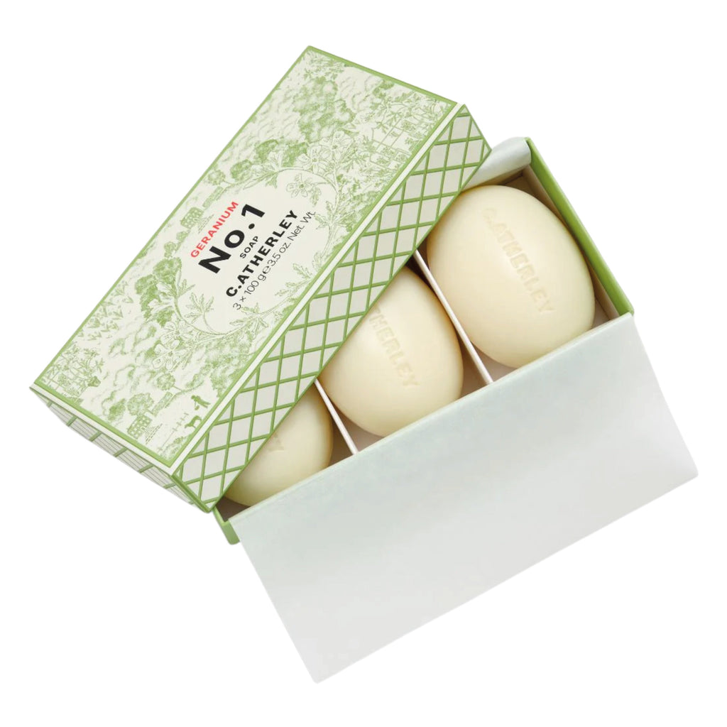 Geranium No.1 Soap Trio box with three hand-milled moisturizing soaps scented with geranium, rose, lemon, mint, and cedar.