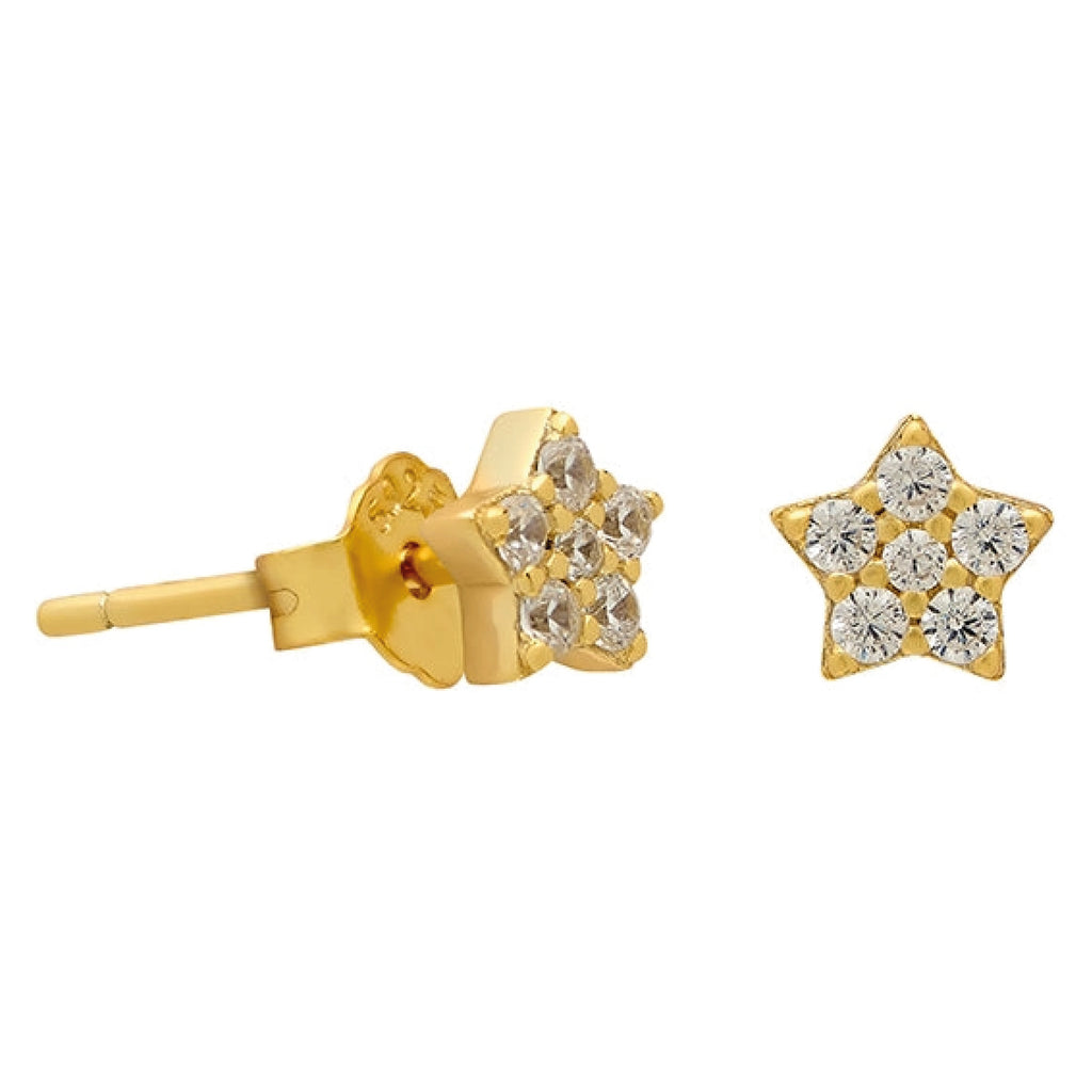 A pair of micro star studs sitting in a gold vermeil setting. 
Gold Mini Star Stud Earrings - Jo And Co Gold Mini Star Stud Earrings