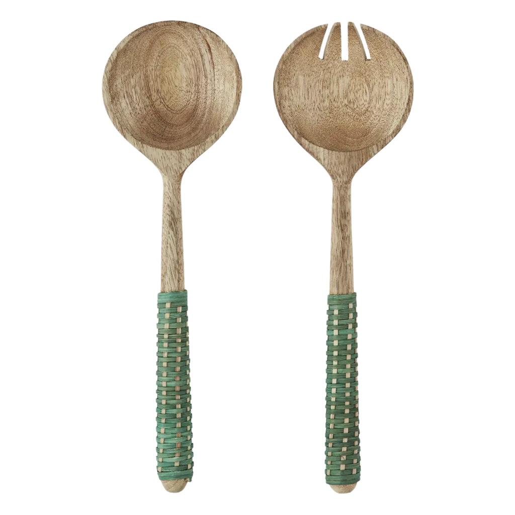 Wooden salad servers with green braided handles.
Green Bamboo Wooden Salad Set - Jo And Co Green Bamboo Wooden Salad Set