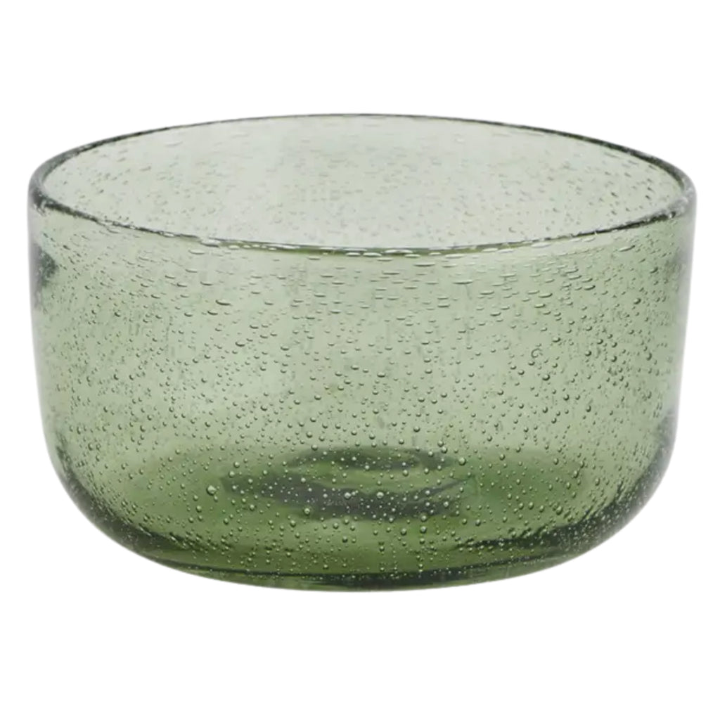 Green glass bowl with a textured surface and bubbles.
Green Coloured Glass Bowl - Jo And Co Green Coloured Glass Bowl