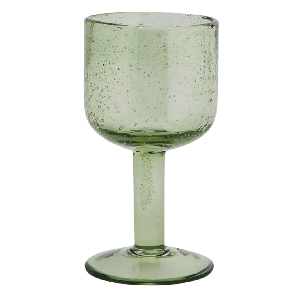 Green wine glass with a textured surface and bubbles.
Green Coloured Wine Glass - Jo And Co Green Coloured Wine Glass