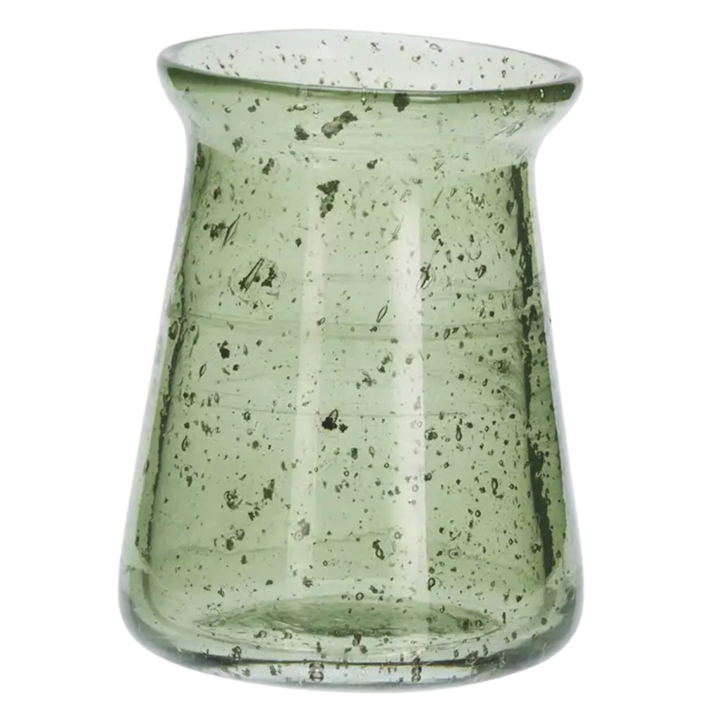 Green glass vase with speckled bubble pattern.
Green Glass Vase - Jo And Co Green Glass Vase