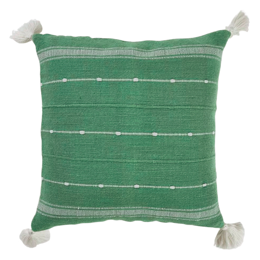 Green cushion with tassels and a slub yarn weave.
Green Tassel Cushion - Jo And Co Green Tassel Cushion