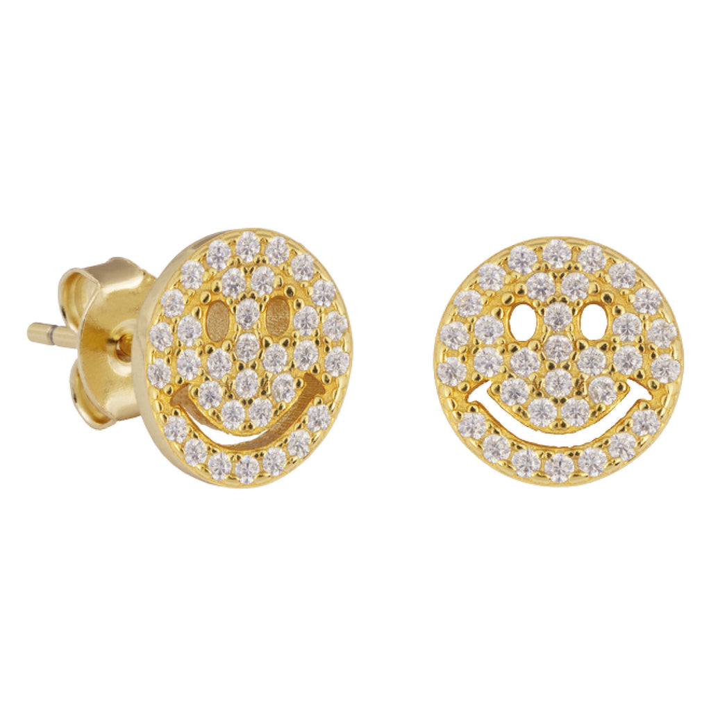 Gold smiley face earrings with clear gemstones.
Happy Days Studs - Jo And Co Happy Days Studs