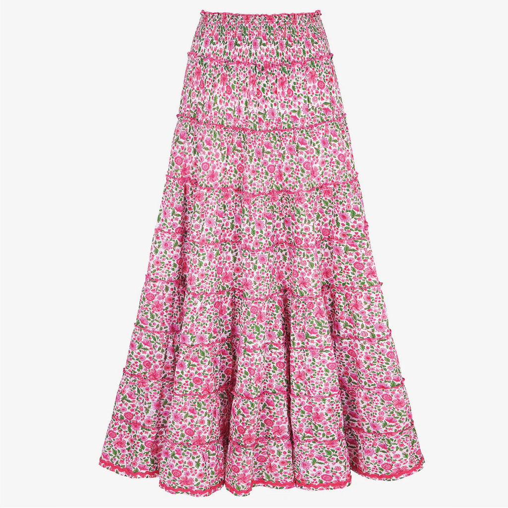 Jo And Co Hollyhock Meadow Kolkata Skirt_Our much-loved tiered Kolkata skirt is a useful addition to any wardrobe. Block-printed by hand in our pretty, new Hollyhock Meadow ditsy, the Kolkata skirt pairs perfectly with our coordinating Posey Blouse or a simple white t-shirt for laid back days. Features a comfortable and flattering smocked waistband.