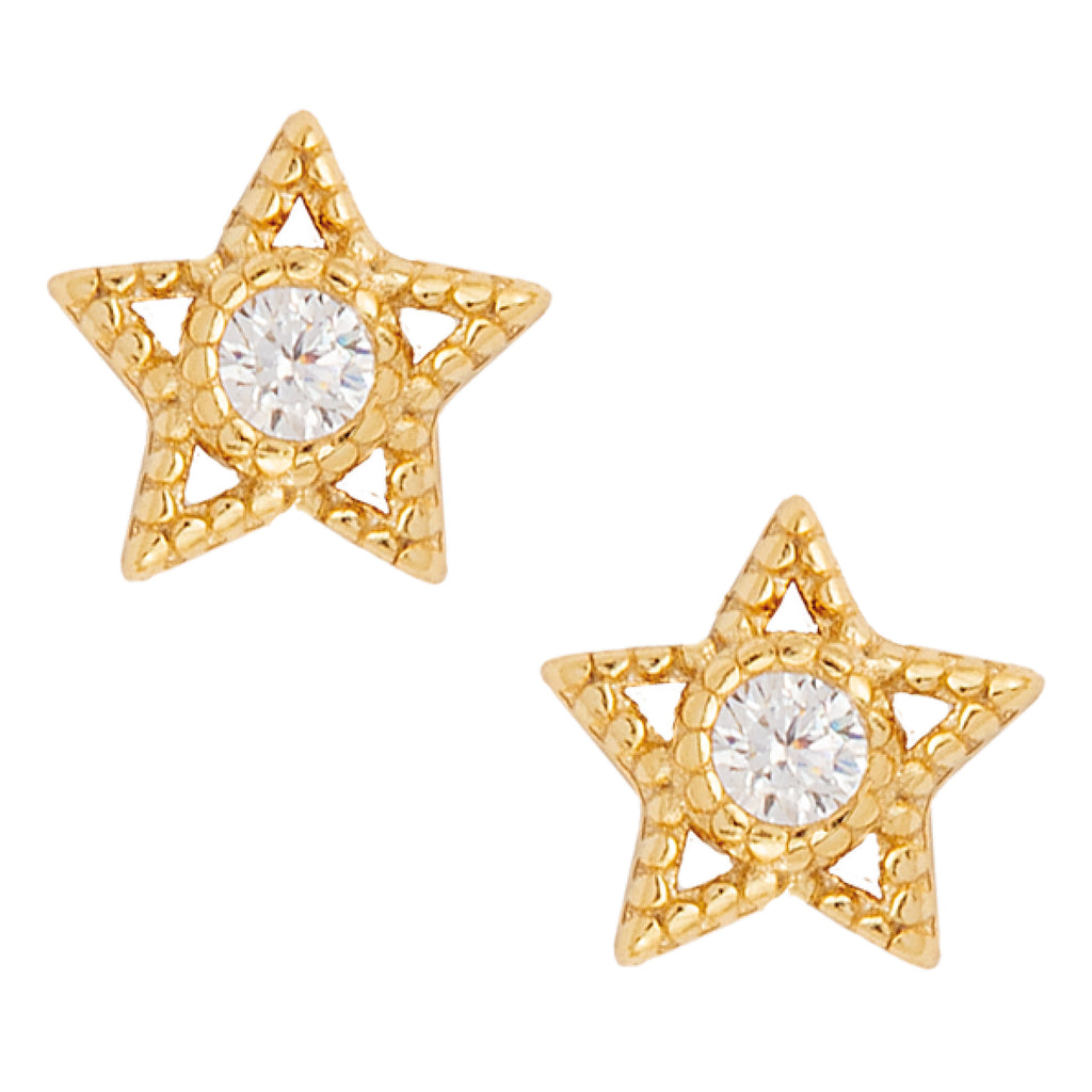 Gold star-shaped earrings with clear gemstones.
Isla Star Studs - Jo And Co Isla Star Studs