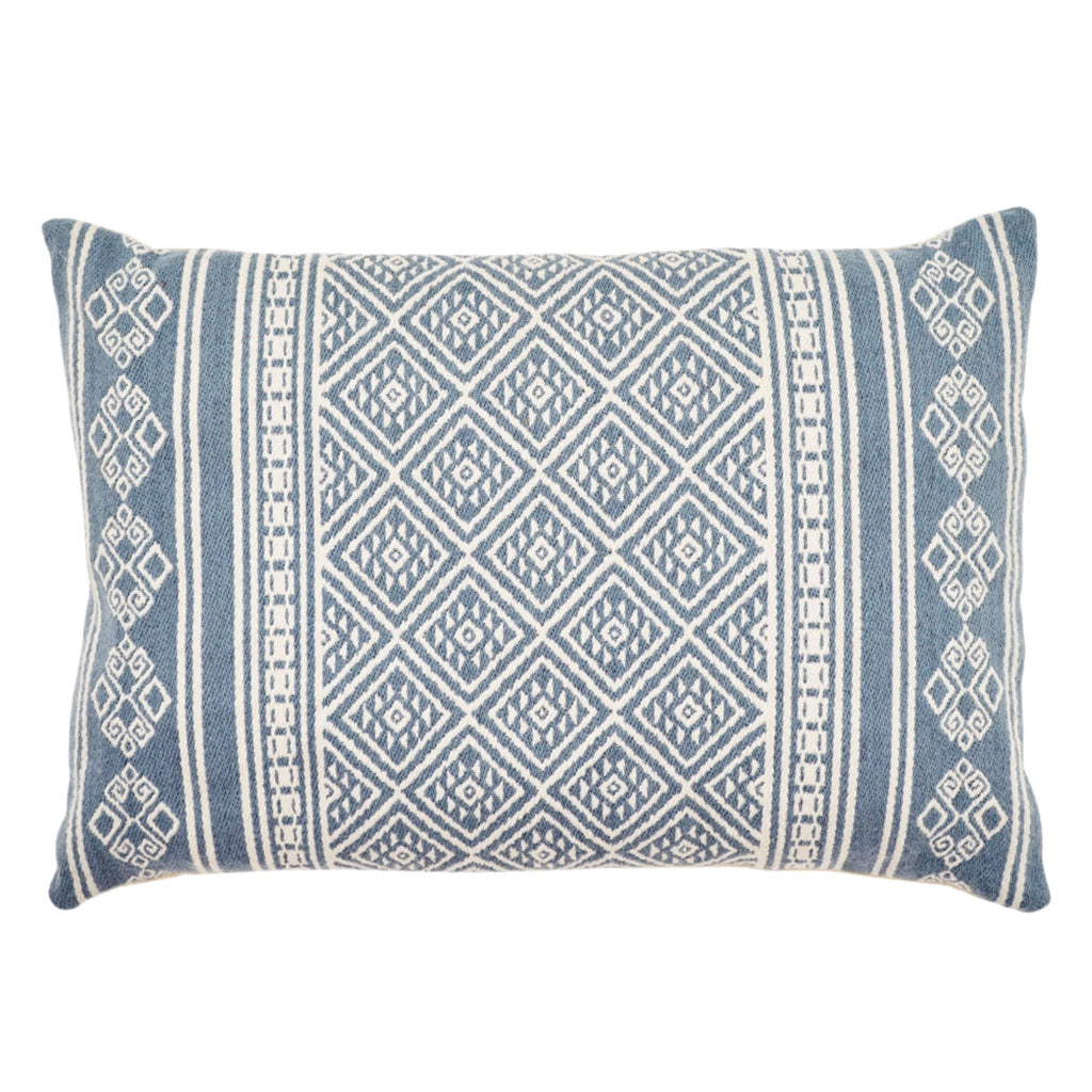 Blue and white patterned cushion with geometric weave.
Kalkan Navy Cushion - Jo And Co Kalkan Navy Cushion