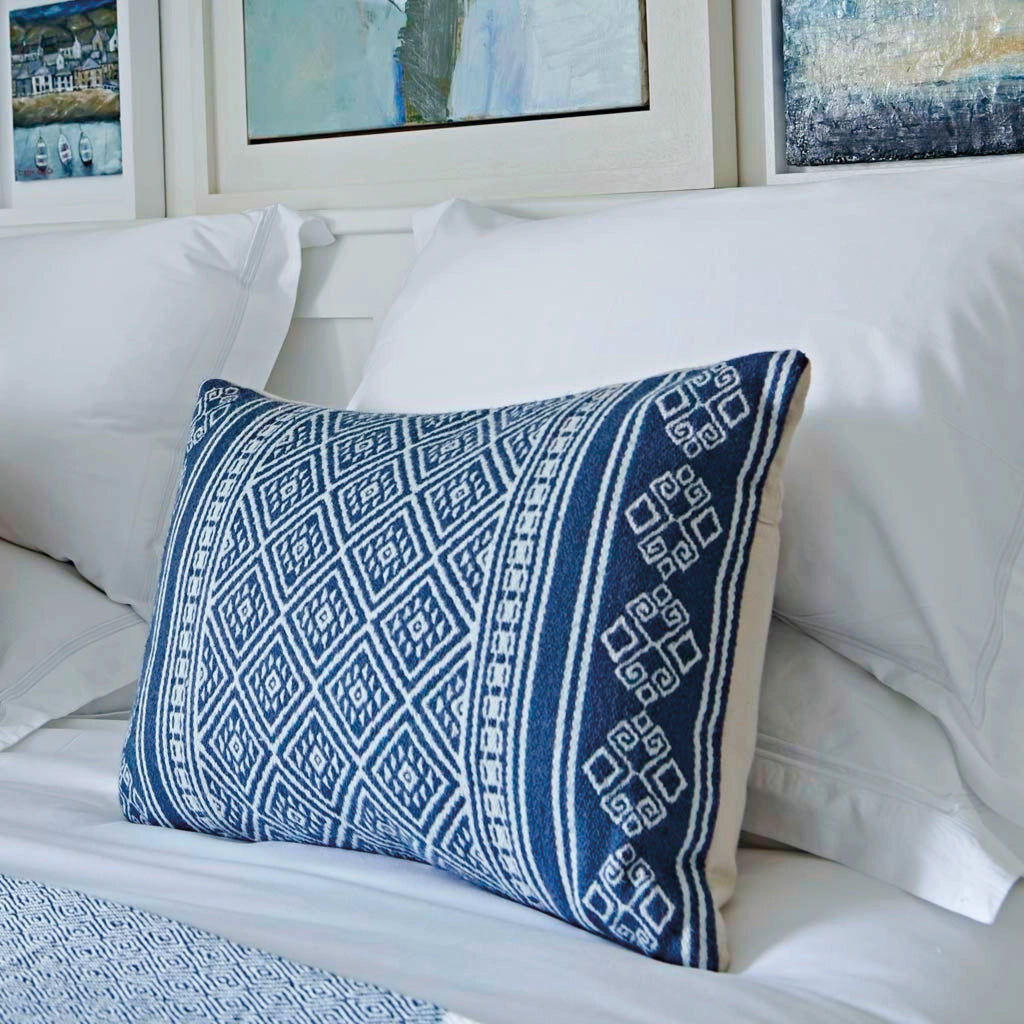 Blue and white patterned cushion with geometric weave.
Kalkan Navy Cushion - Jo And Co Kalkan Navy Cushion