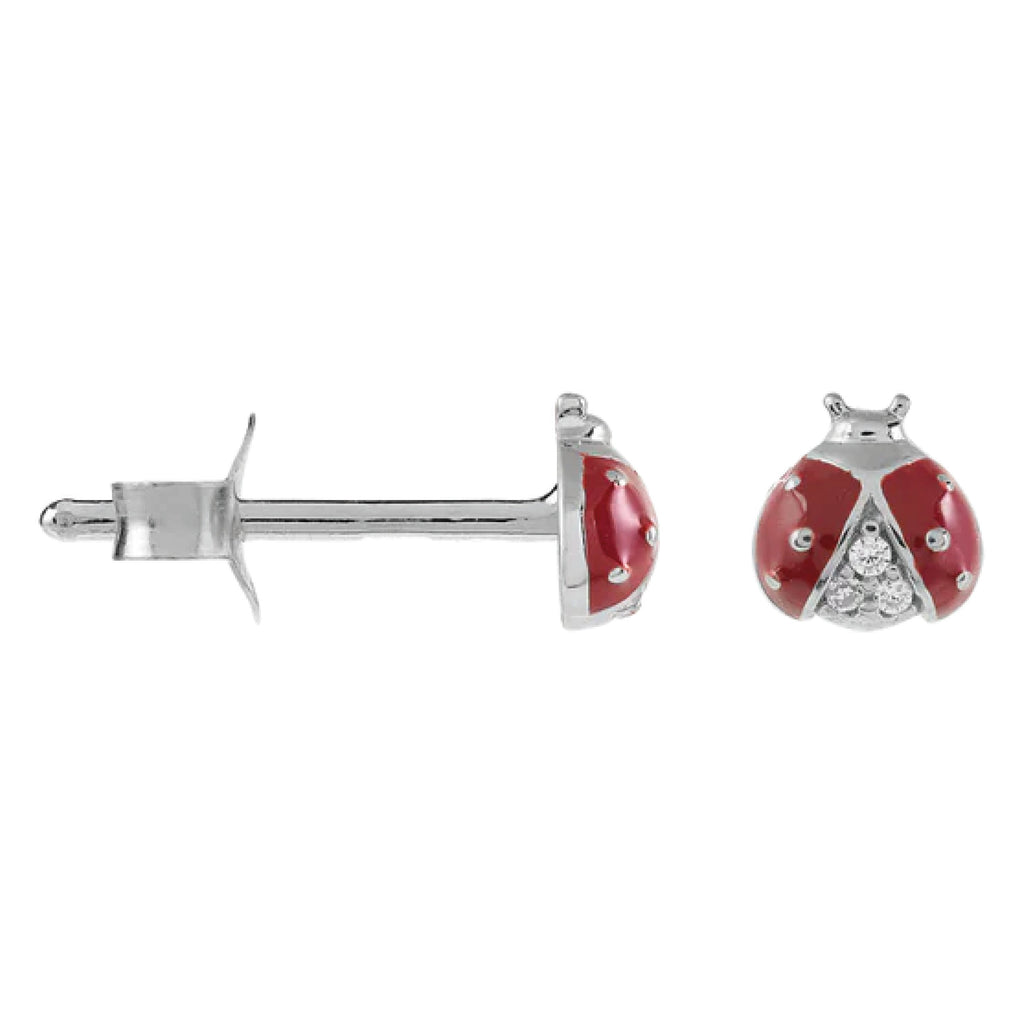 Red ladybug-shaped earrings with silver accents.
Lady Bug Silver Stud Earrings - Jo And Co Lady Bug Silver Stud Earrings - Anna + Nina