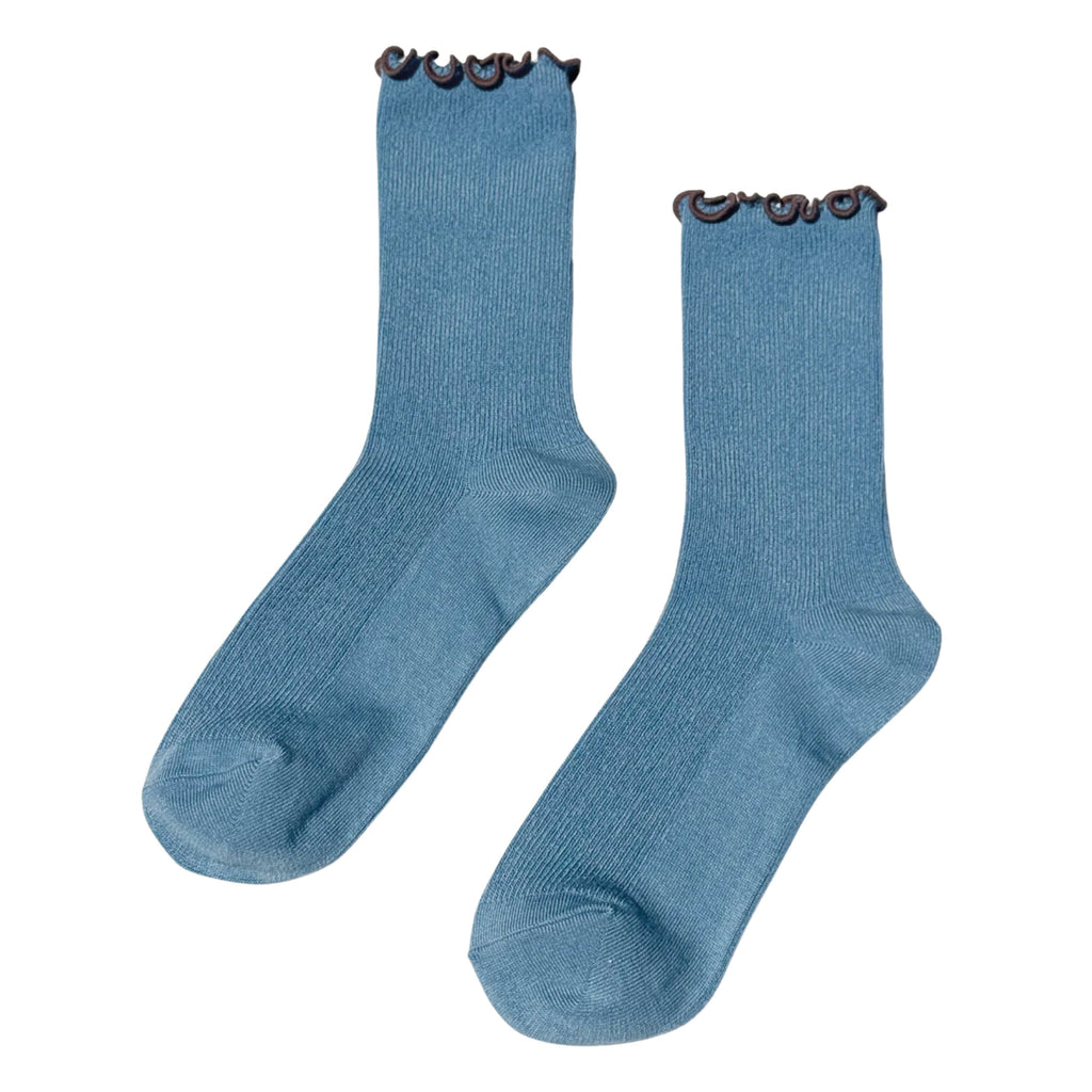 Blue socks with ruffled brown top.
Le Bon Shoppe Ruffled Modal Powder Blue Socks - Jo And Co Le Bon Shoppe Ruffled Modal Powder Blue Socks - Le Bon Shoppe