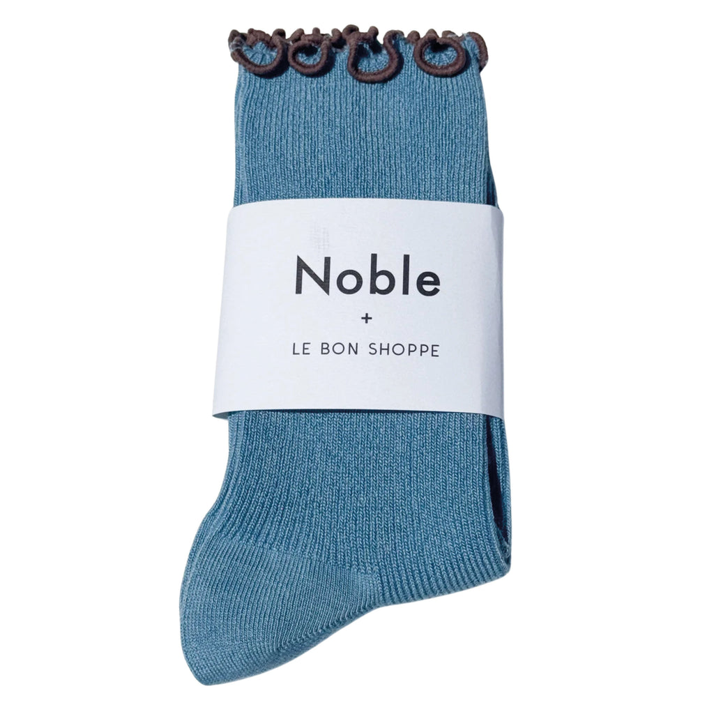 Blue socks with ruffled brown top.
Le Bon Shoppe Ruffled Modal Powder Blue Socks - Jo And Co Le Bon Shoppe Ruffled Modal Powder Blue Socks - Le Bon Shoppe