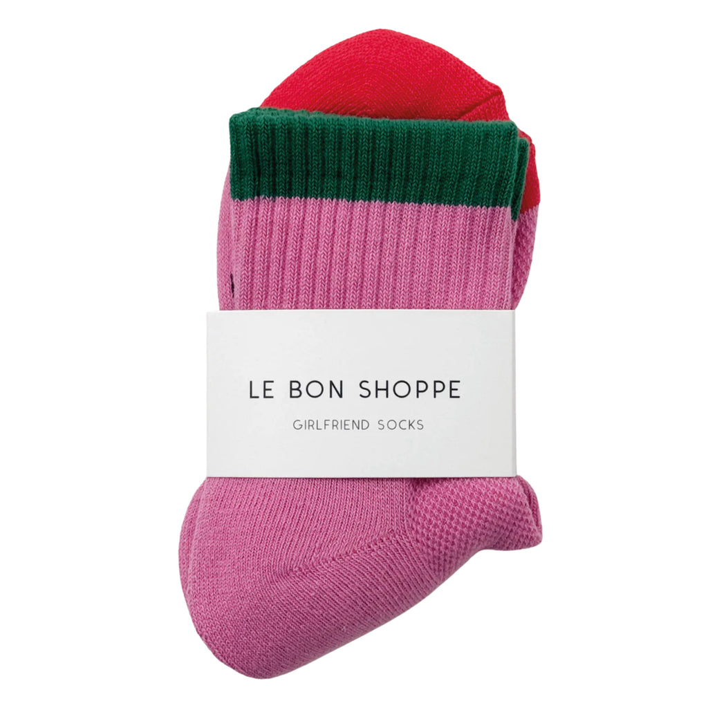 Bright pink socks with green color-blocking along the top edge of the ankle and contrasting red toes.
Le Bon Shoppe Rose Green Color Block Girlfriend Socks - Jo And Co Le Bon Shoppe Rose Green Color Block Girlfriend Socks - Le Bon Shoppe